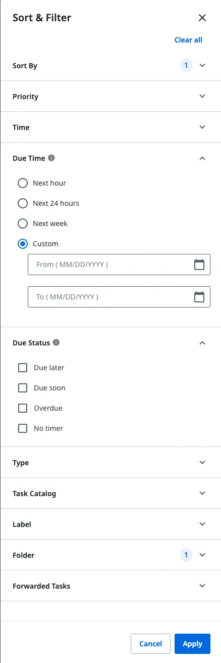 The Sort and Filter panel with the Due Time and Due Status sections expanded.