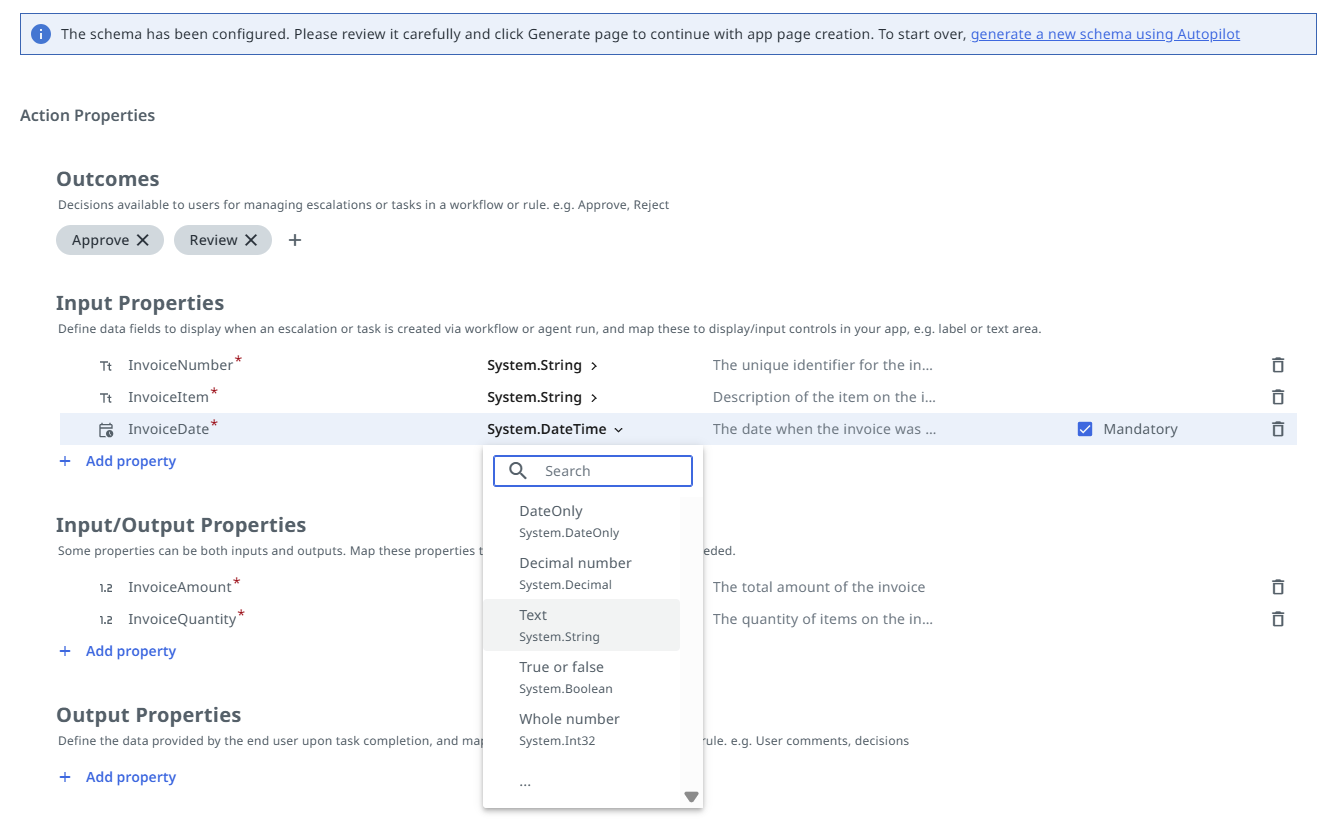 Configuração do shcema de ação