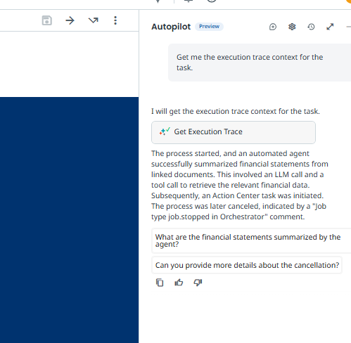 Get execution trace in Action Center Autopilot