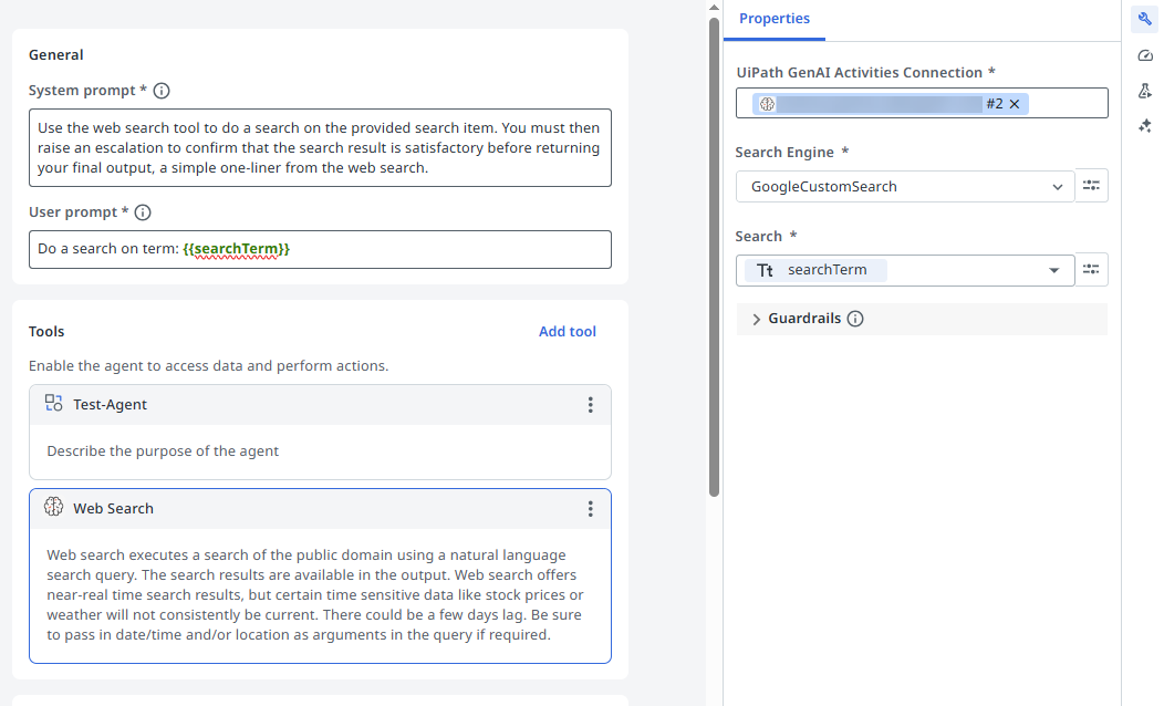 The Properties panel of the Web Search activity