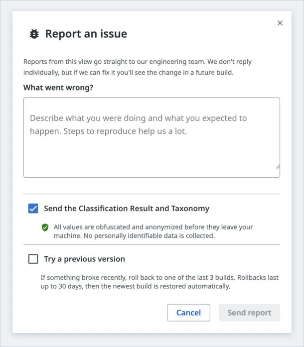 The data checkbox in the Classification Station, labelled Send the Classification Result and Taxonomy