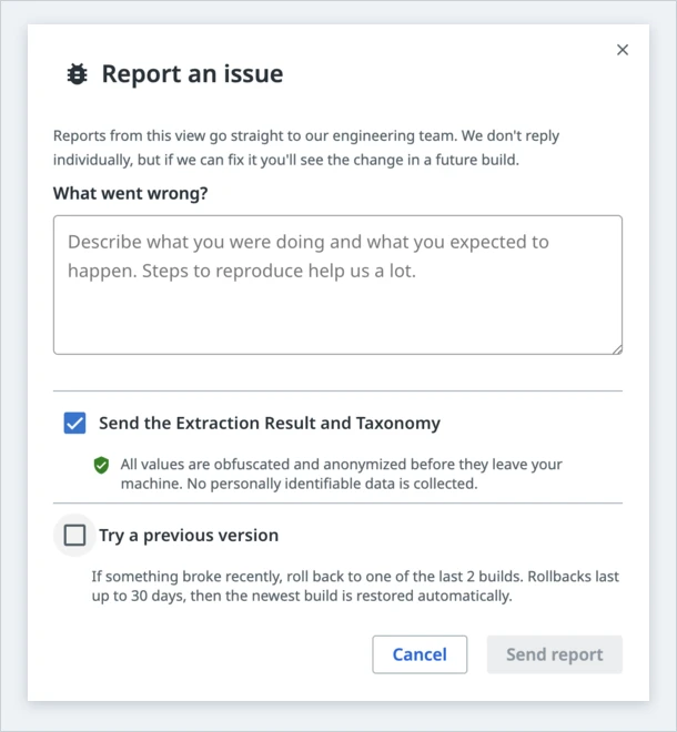 The Report an issue dialog, showing the description field, the selected data checkbox, and the cleared Try a previous version checkbox