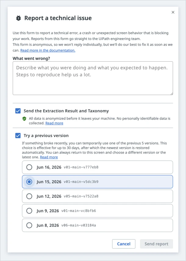The Report a technical issue dialog with Try a previous version selected, listing the recent versions a reviewer can switch to
