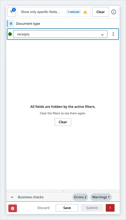 The field list reduced to the document type field, with the message All fields are hidden by the active filters, the hint Clear the filters to see them again, and a Clear button