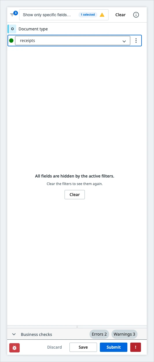 The field list reduced to the document type field, with the message All fields are hidden by the active filters, the hint Clear the filters to see them again, and a Clear button