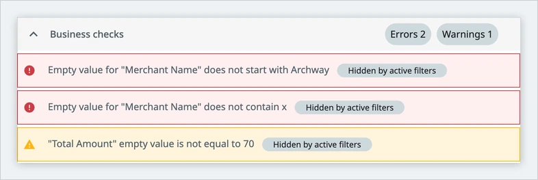 The Business checks panel listing three broken rules, each followed by a Hidden by active filters pill