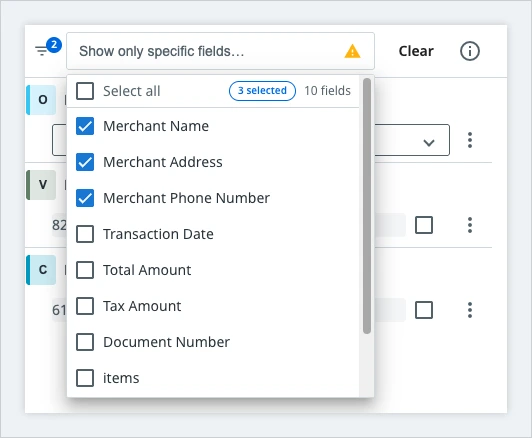 The field search box with a warning icon inside it, next to a filter icon carrying a badge showing 2 active hide filters
