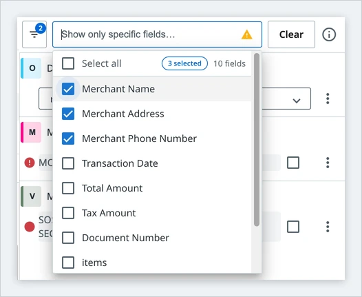 The field search box with a warning icon inside it, next to a filter icon carrying a badge showing 2 active hide filters