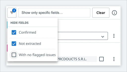 The Hide fields menu open, with the Confirmed and Not extracted checkboxes selected, the With no flagged issues checkbox cleared, and a badge showing 2 on the filter icon