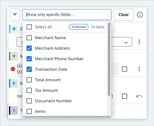 The field search box open, listing the document type fields with checkboxes, a Select all row, a 3 selected counter, and a 10 fields counter