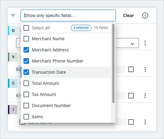 The field search box open, listing the document type fields with checkboxes, a Select all row, a 3 selected counter, and a 10 fields counter