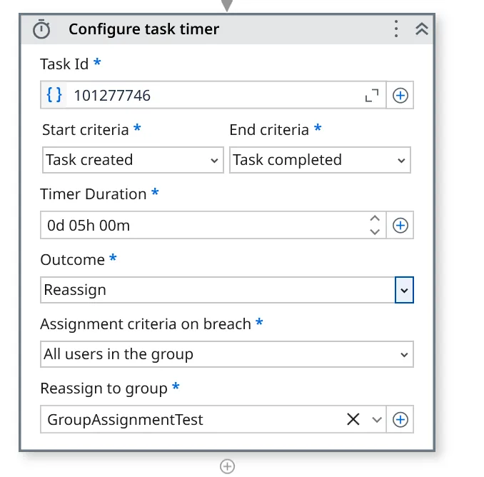 The Configure task timer activity with the Outcome set to Reassign, the Assignment criteria on breach set to All users in the group, and a group selected in Reassign to group.