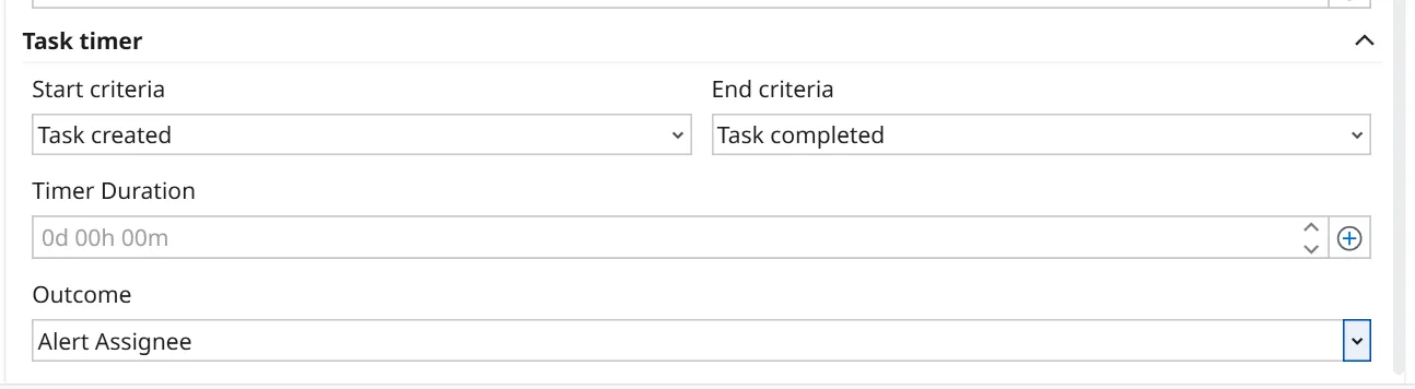 The Task timer section of the properties panel, showing the Start criteria, End criteria, Timer Duration, and Outcome fields.