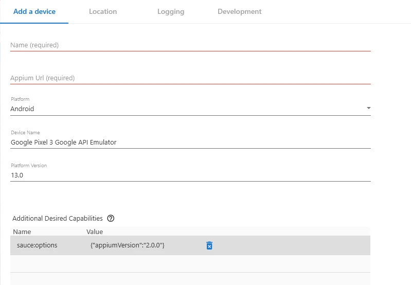 Hinzufügen eines Cloud-Geräts von Sauce Labs in MDM