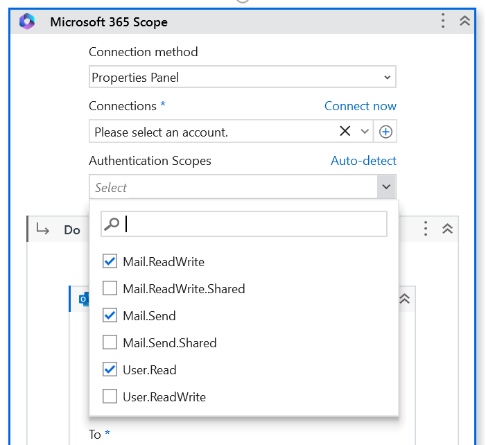 The Microsoft 365 Scope activity showing the Authentication Scopes menu.