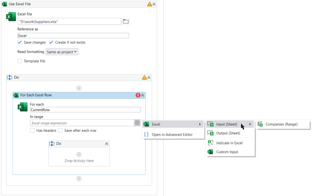Die zusätzlichen Optionen der Eigenschaft In Bereich der Aktivität For Each Excel Row, die in einer Aktivität Use Excel File platziert wird.