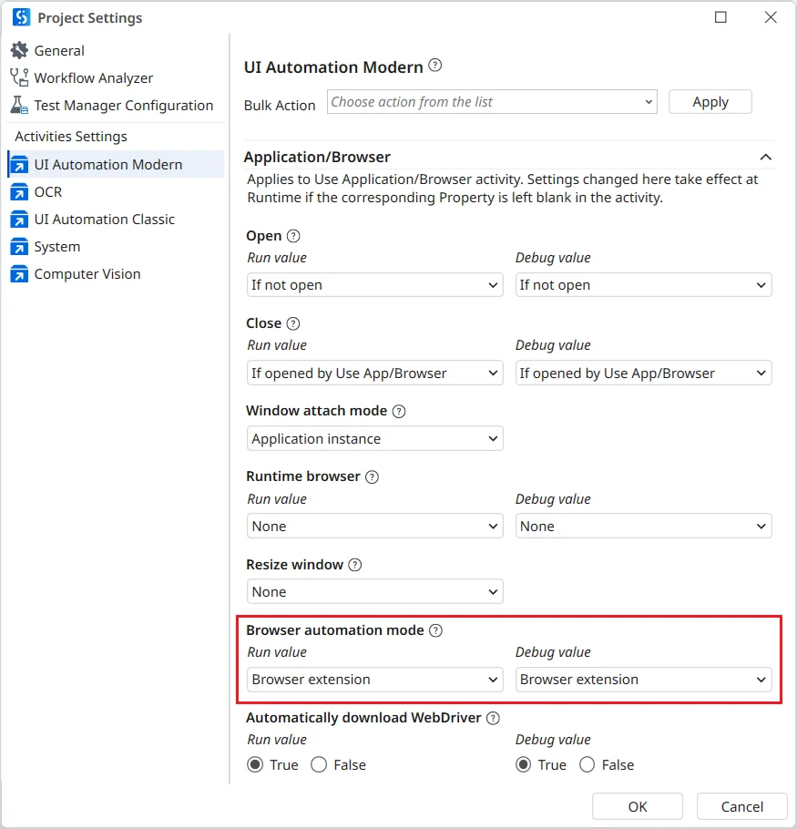 Browser automation mode setting in UI Automation Modern project settings