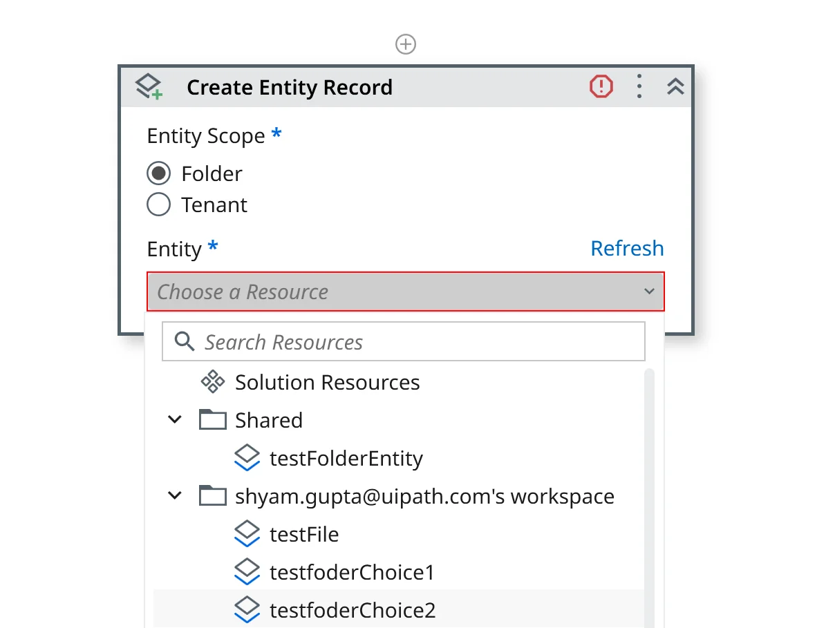 Create Entity Record with Entity scope set to Folder: the Entity list is a resource tree grouped by Solution Resources and by Orchestrator folder