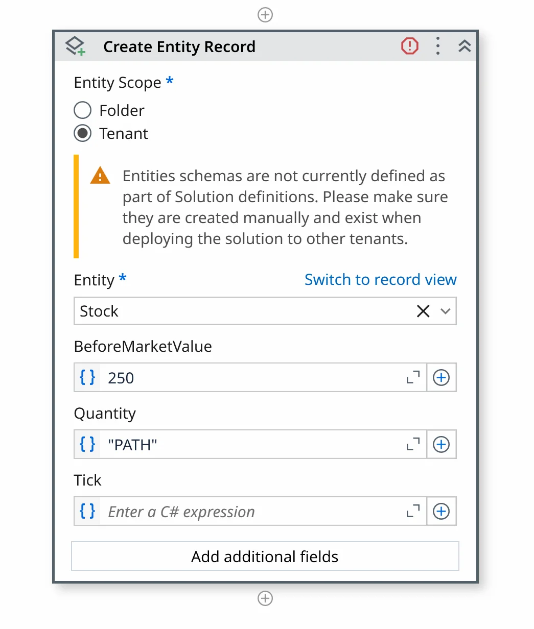 Create Entity Record in fields view: Entity scope set to Tenant with the warning that tenant entity schemas are not part of the Solution, and the Stock entity fields listed below