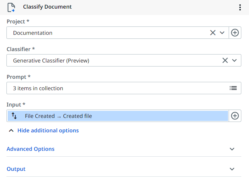 前に作成したファイルを [ドキュメントを分類] アクティビティの [入力] フィールドに追加する