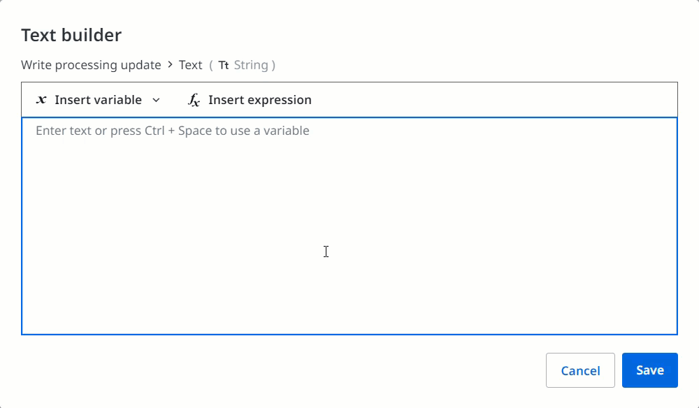 テキスト ビルダーを使用して [1 行を書き込み] アクティビティを設定し、特定の値を出力する