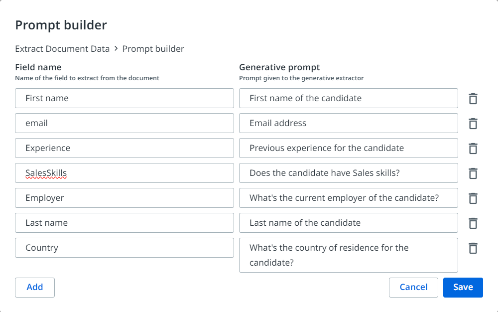 生成 AI 抽出器の [プロンプト ビルダー] に履歴書のフィールドを設定する