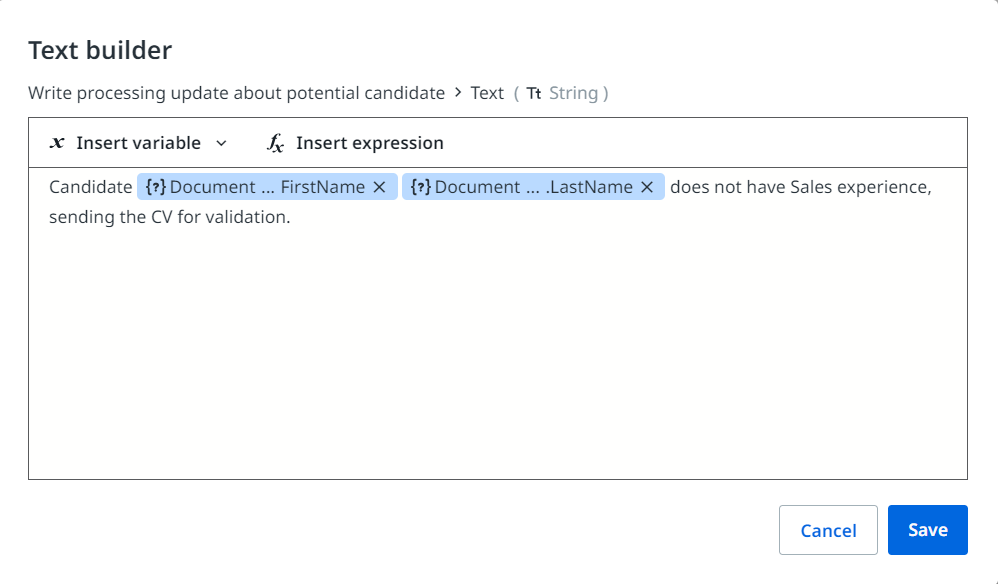 [テキスト ビルダー] で [1 行を書き込み] アクティビティの式を作成する