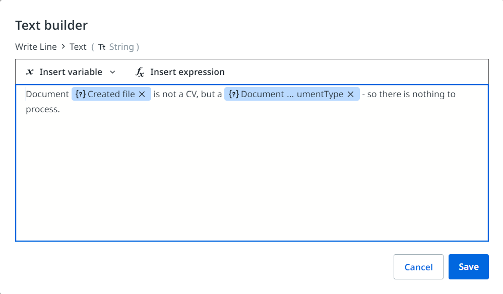 [テキスト ビルダー] で [1 行を書き込み] アクティビティの式を作成する