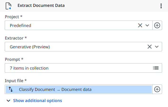 [ドキュメントを分類] アクティビティから生成されたドキュメント データを [ドキュメント データを抽出] アクティビティの [入力] フィールドに入力する