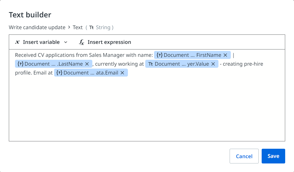 [1 行を書き込み] アクティビティの出力に表示するテキスト