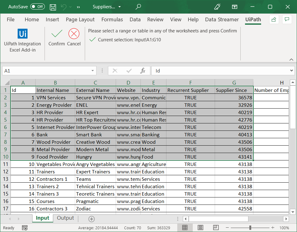 Beispiel für den Excel-Inhalt, den Sie in dieser Aktivität verwenden sollten.
