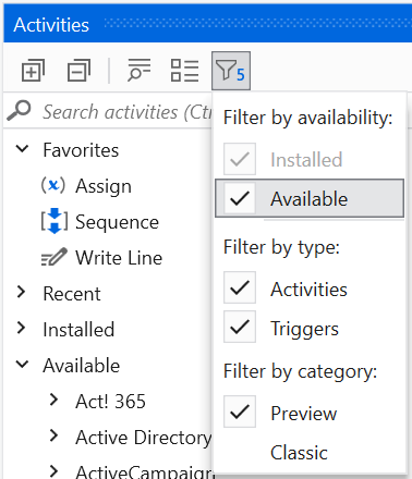Como habilitar o filtro Disponível no painel de Atividades