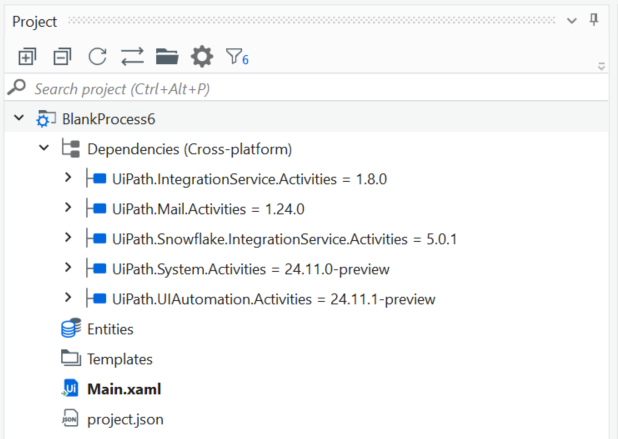 As dependências do projeto no Studio incluem o pacote UiPath.IntegrationService.Activities unificado