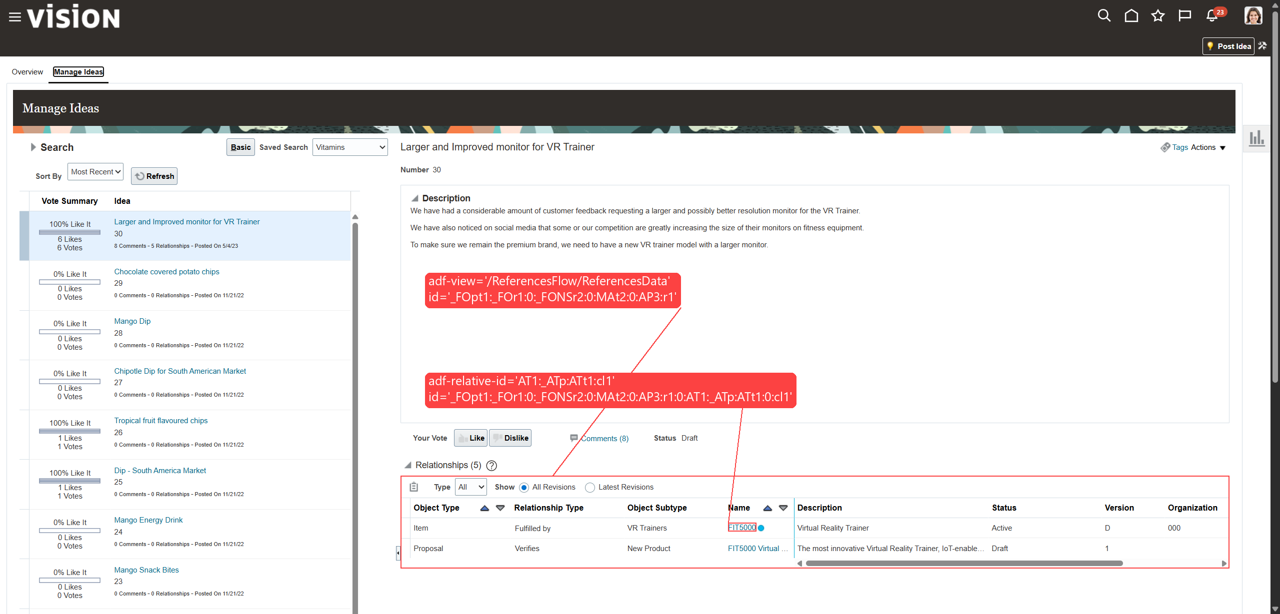 Oracle ADF page with the view and a child element highlighted, showing how the child's id extends the view's id