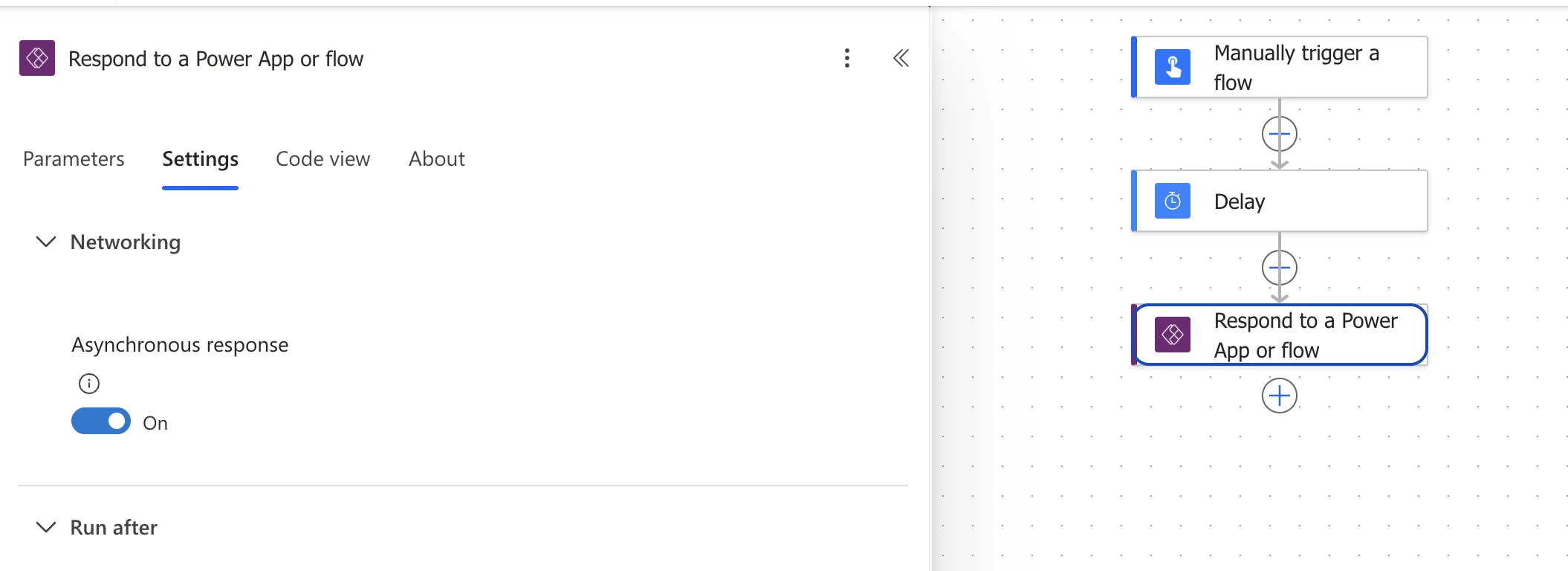 The Asynchronous response toggle set to On, under Networking on the Settings tab of the Respond to a Power App or flow node