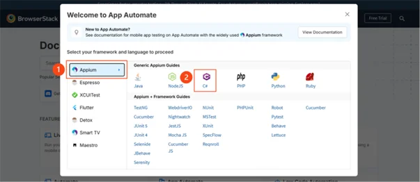 Menu Appium dans BrowserStack
