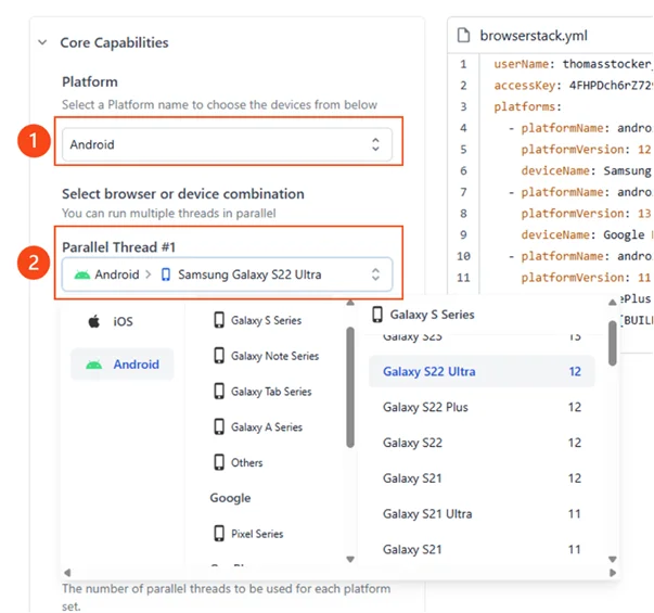 Configuration de l'appareil et champ YAML dans BrowserStack