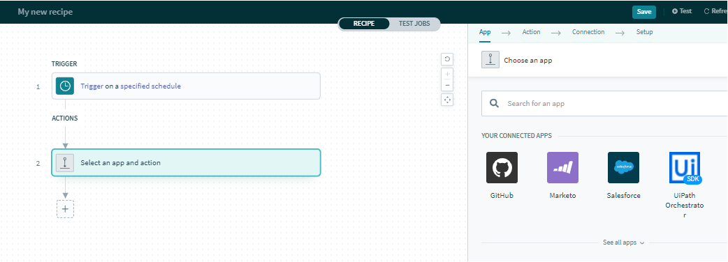 Pesquisa do UiPath Orchestrator em apps conectados do Workato