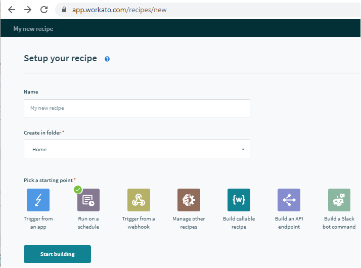 Nova configuração de receita do Workato com Executar em um ponto de partida agendado