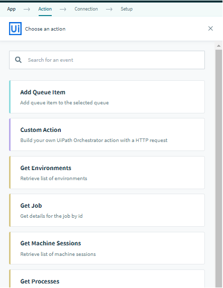 Ações do UiPath Orchestrator disponíveis no construtor de receitas do Workato