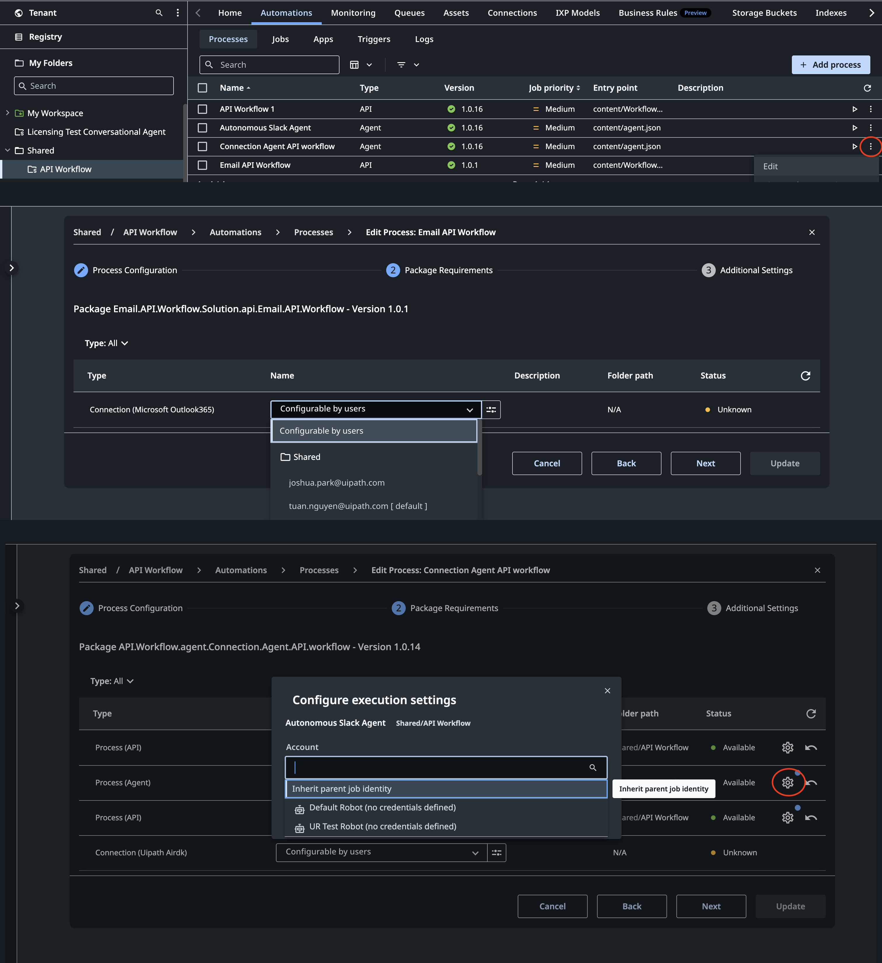 Process configuration showing the Edit button, Inherit parent job identity account setting, and Configurable by users connection setting