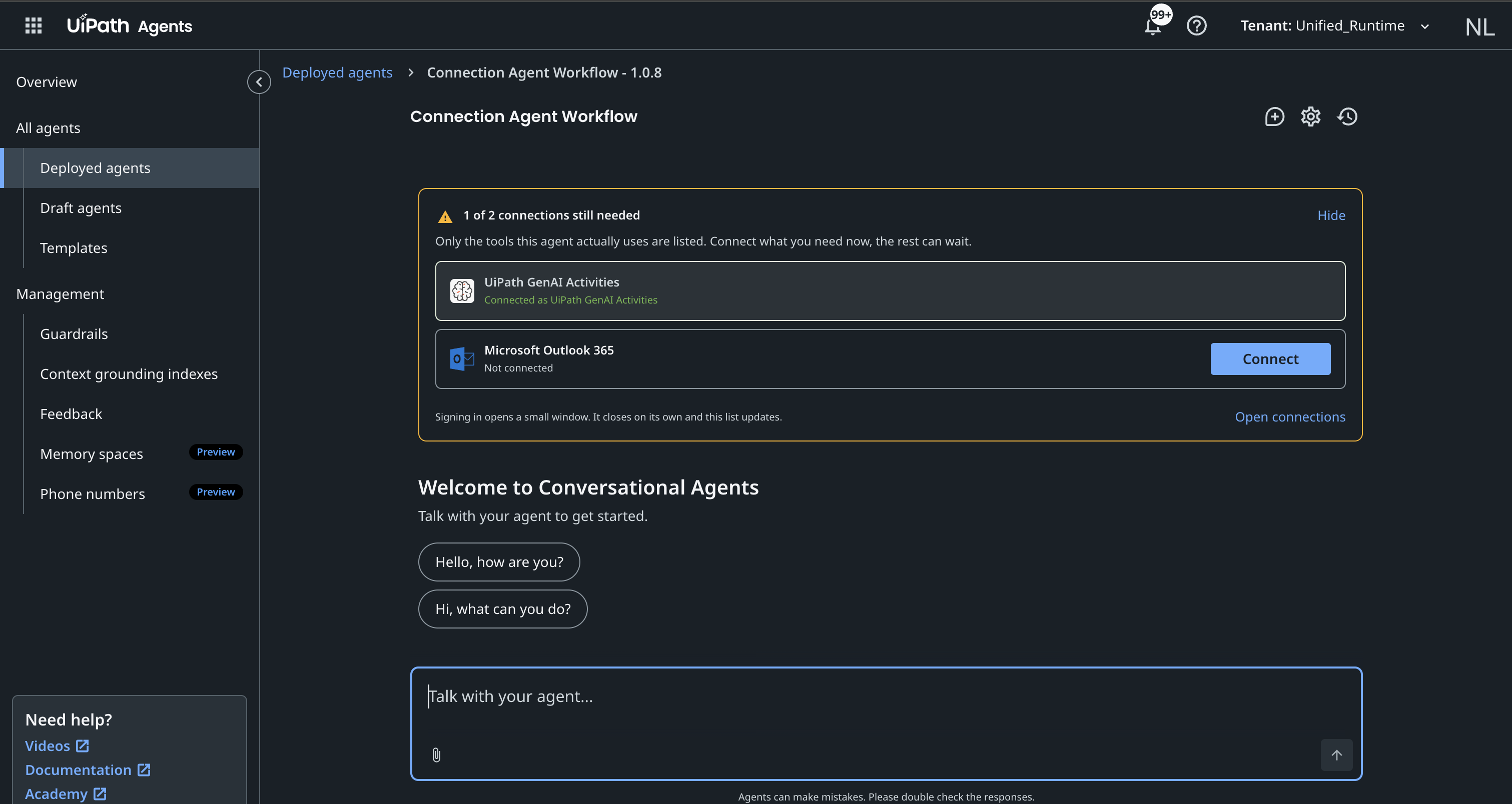 Conversational agent readiness card showing one connector is not connected