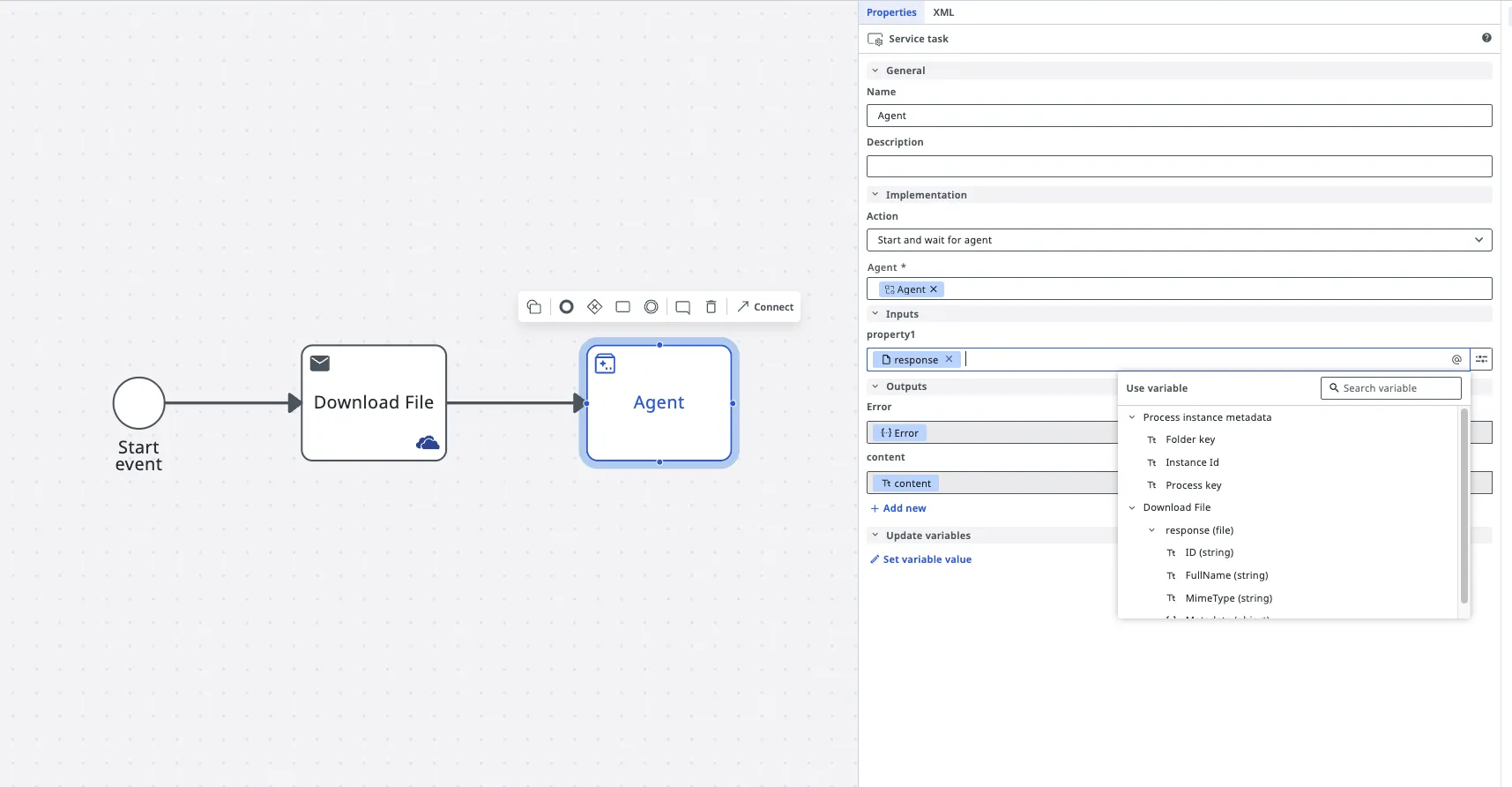 Simple example with an agent accepting the output of a Download File activity
