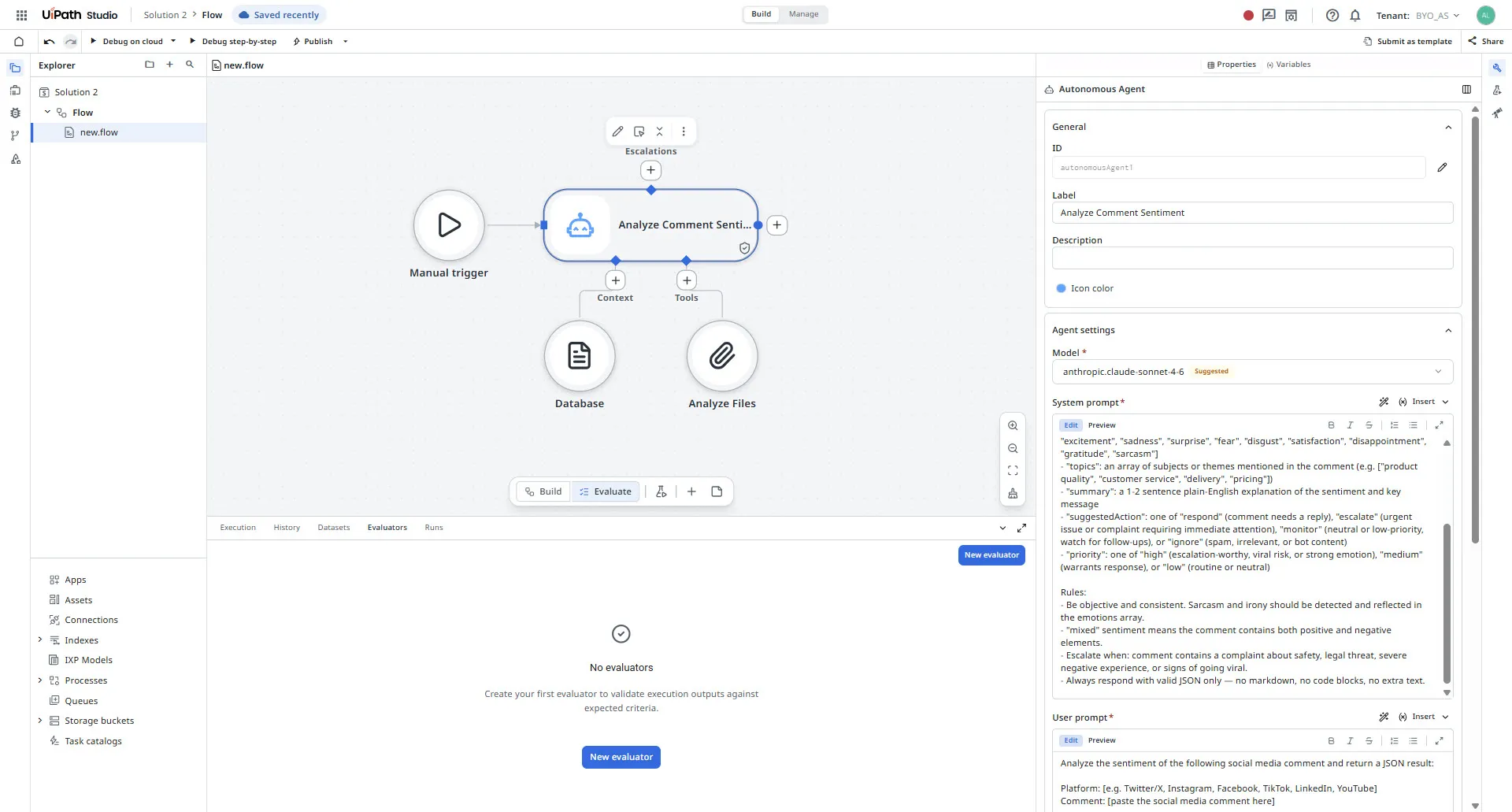 Flow canvas in Studio Web showing an inline agent node alongside connector nodes in a Maestro Flow project