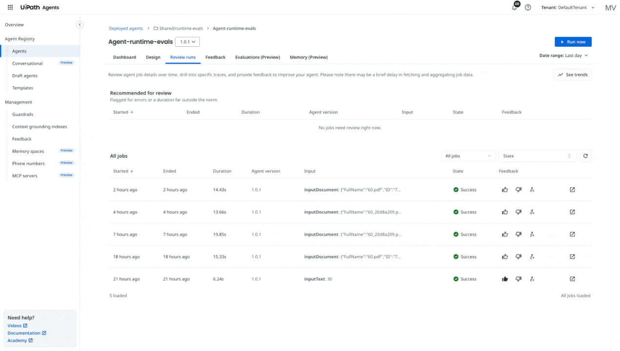 Adding a completed run from the Review runs tab of a deployed agent to a dataset