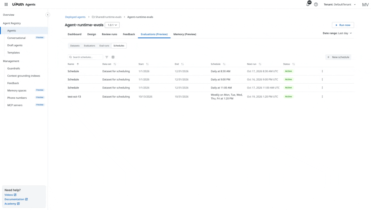 Creating a schedule from the Schedules view, with its start and end dates, recurrence, and dataset