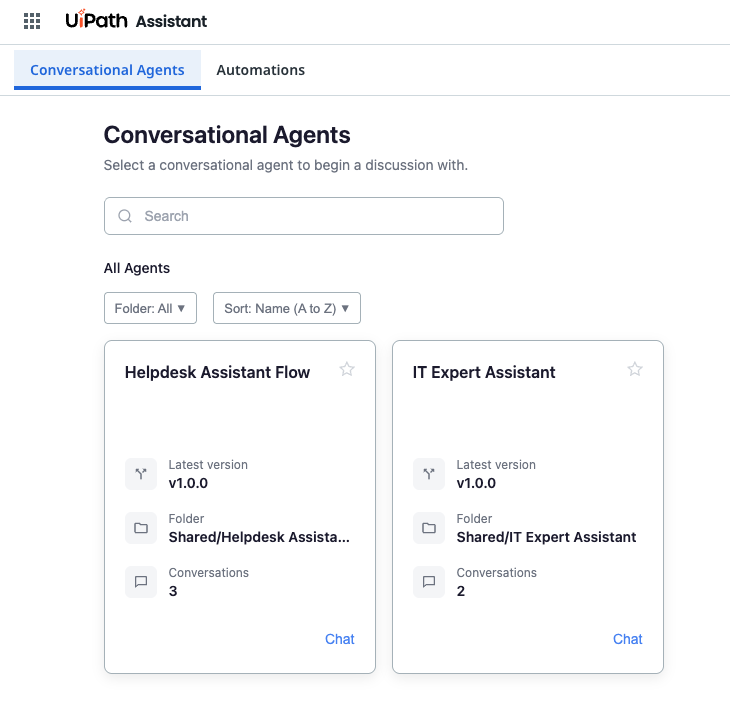 Conversational agent gallery in Assistant, showing chat agents in the tenant.