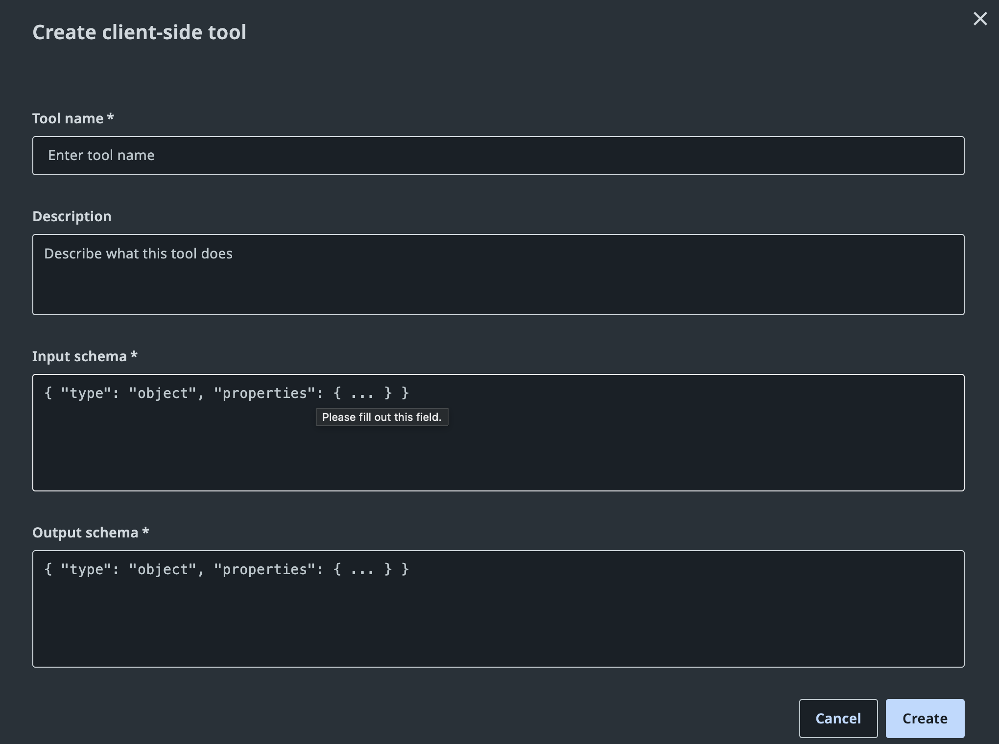 Client side tool properties to be filled out during creation