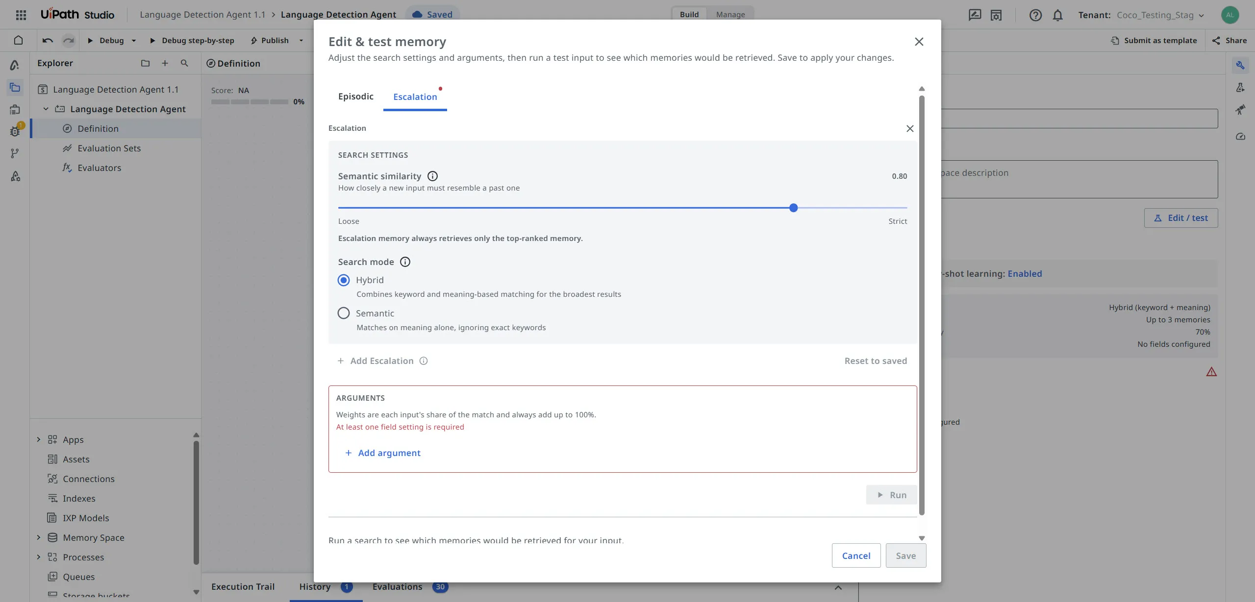 Escalation tab of the Edit and test memory dialog, showing search settings and the At least one field setting is required validation message