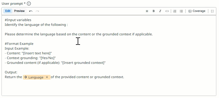 The @ reference picker open in the Prompt editor, showing Inputs and Outputs grouped sections with input. Content highlighted — continue typing to narrow the list by fuzzy match